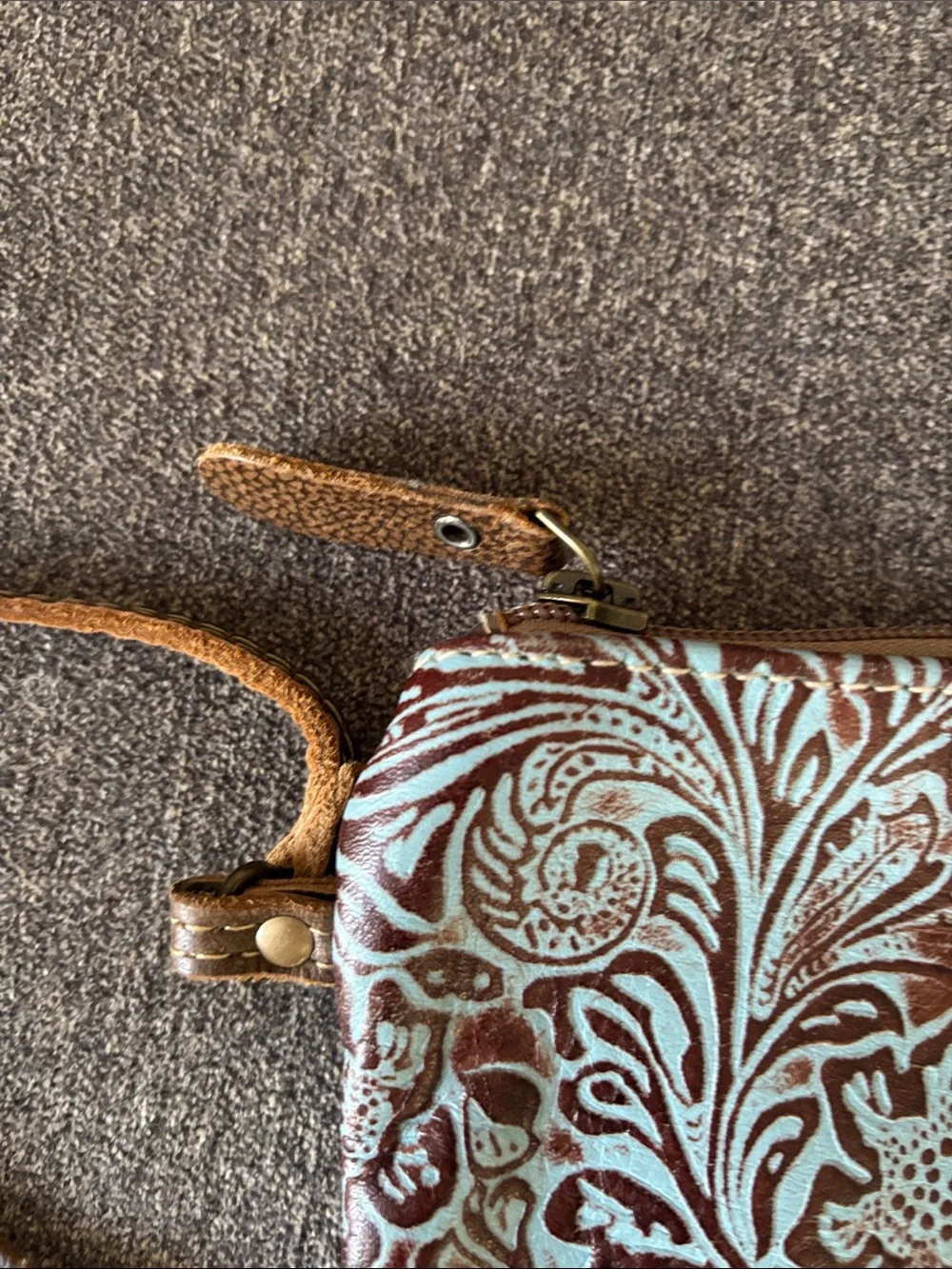 Myra Bag Brown and Light Blue Tooled Leather Wristlet with Turquoise Concho